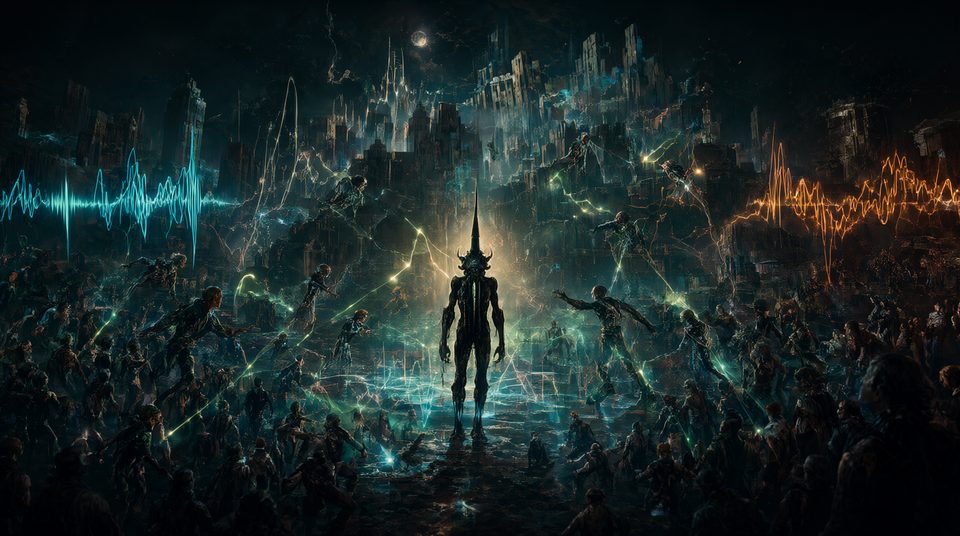 A tall black figure with horns and a needle spire for a crown stands still in the middle of a dark city, a crowd of dancers all around him, green lightning across the floor, a cyan sound wave on the left horizon and an orange one on the right.