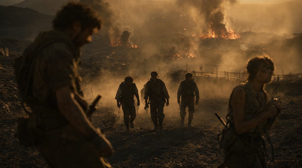 Golden hour on a scorched hillside: a crew in heavy packs walks up out of the smoke toward you, fires burning across the valley behind them, two more of them passing close in the foreground.