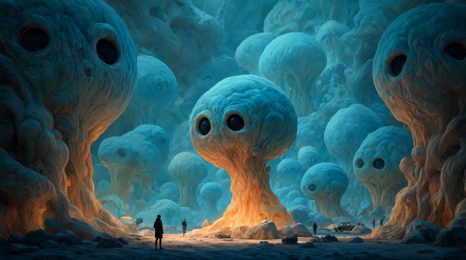 A cavern of giant pale-teal heads on stalks, each with two hollow black eyes, warm amber light glowing up from their roots. A few tiny people stand among them, one looking up at the great head in the middle, and an old car is parked off to the right.